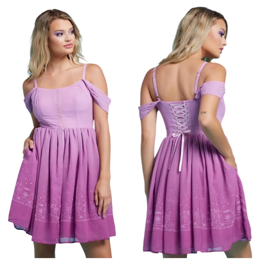 Disney Lavender Off-Shoulder Lace-Up Skater Dress - Picture 1 of 15
